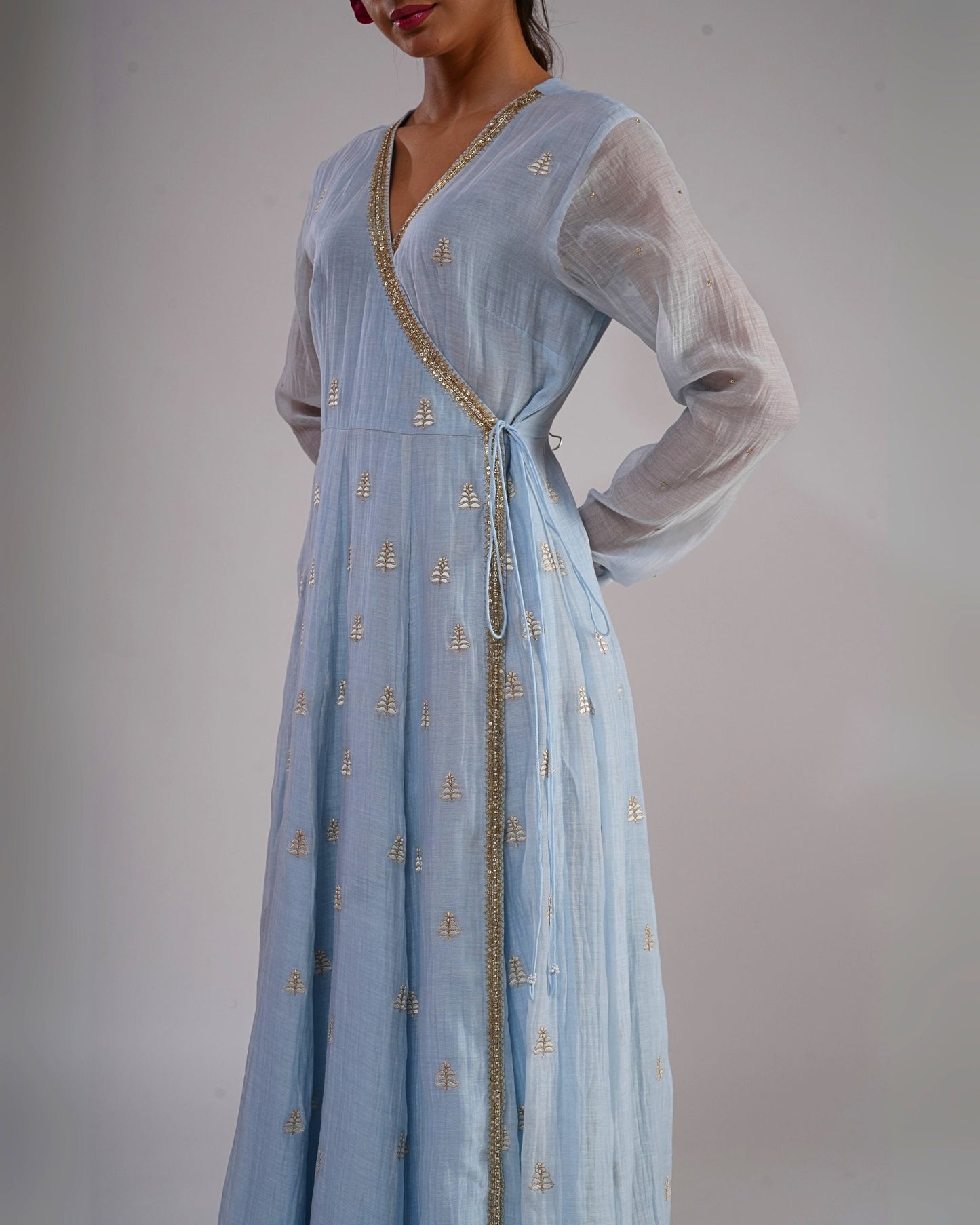 Powder Blue Angrakha style Anarkali Suit Set