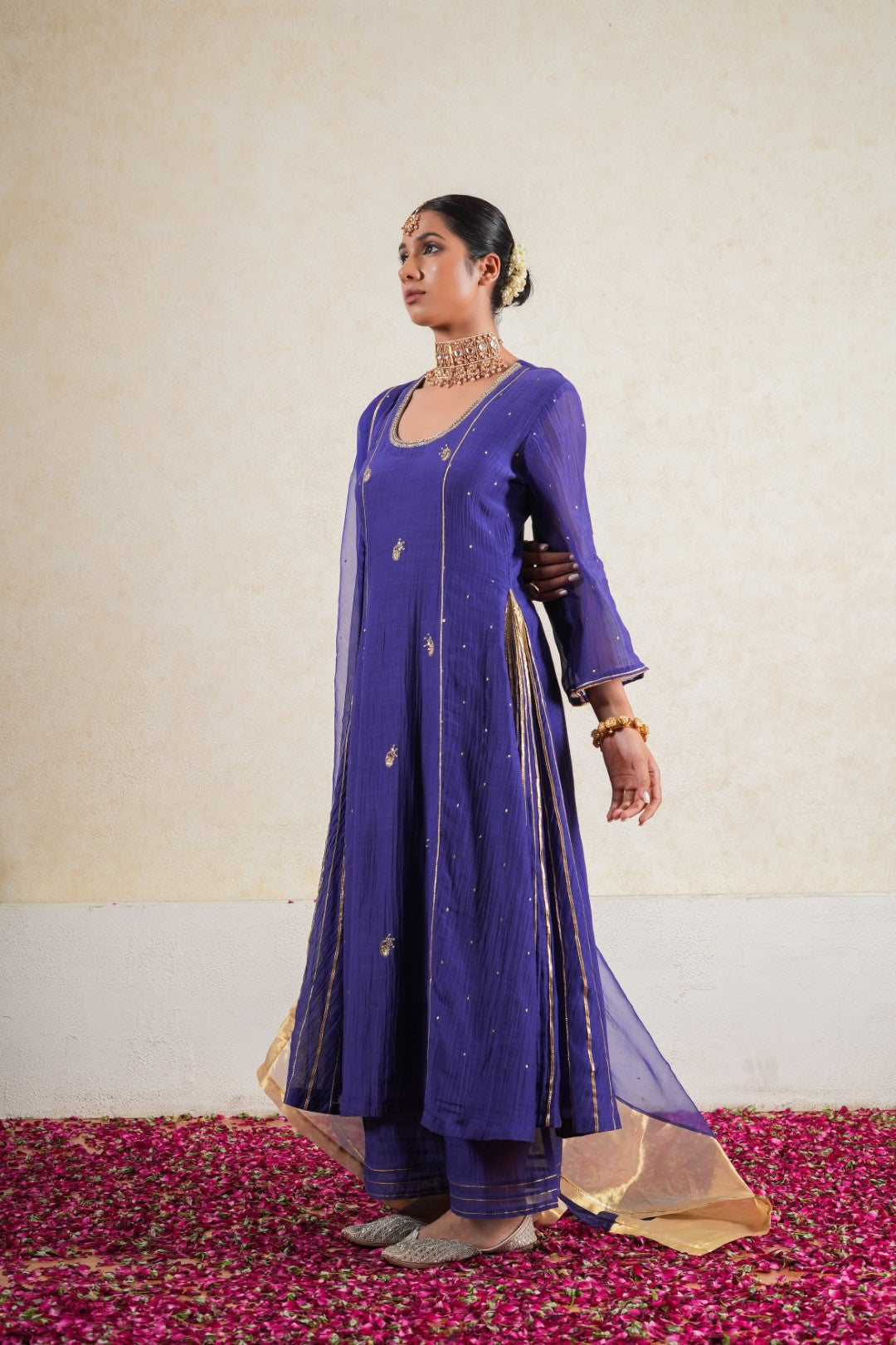 Kaner Purple Pure Silk Chanderi Hand Embroidered Kalidaar Suit Set