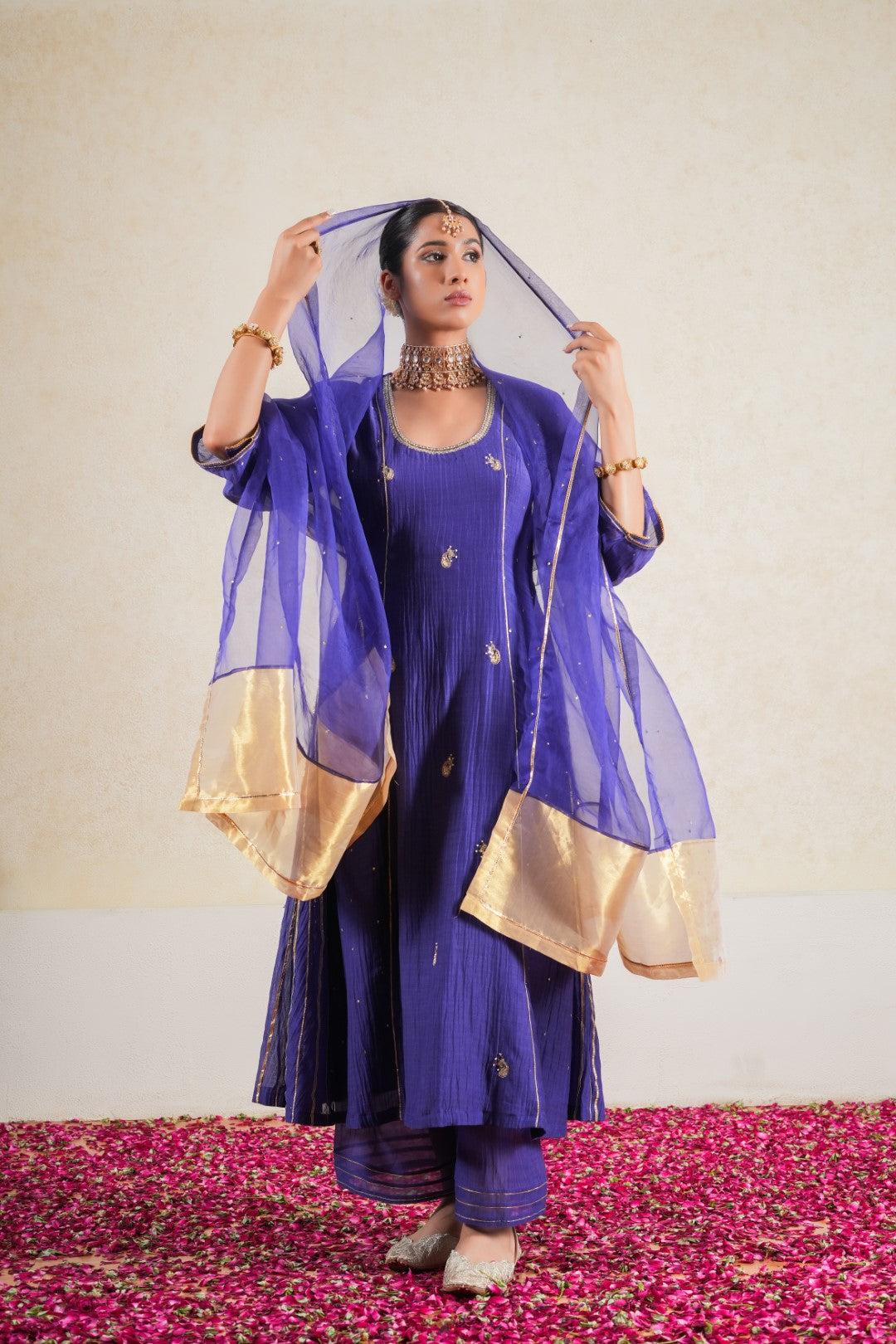 Kaner Purple Pure Silk Chanderi Hand Embroidered Kalidaar Suit Set