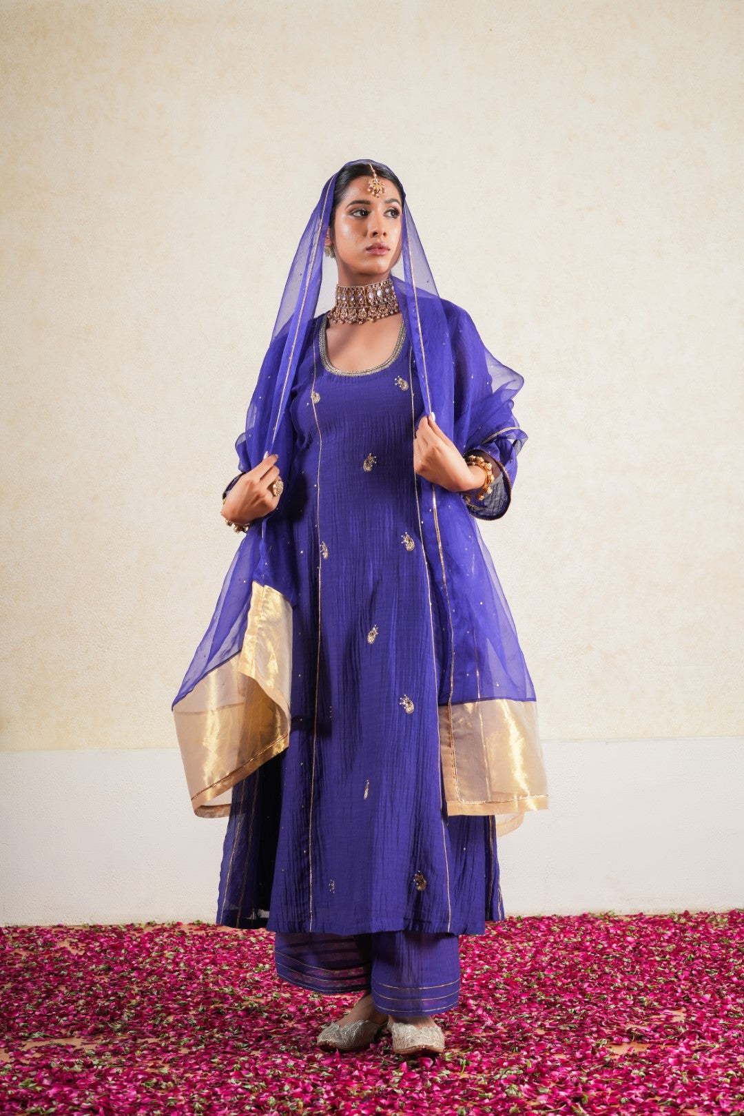 Kaner Purple Pure Silk Chanderi Hand Embroidered Kalidaar Suit Set