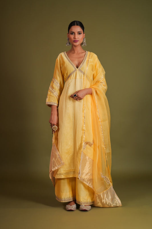 Soorajmukhi Yellow Pure Silk Chanderi Hand Embroidered Straight Kurta Set