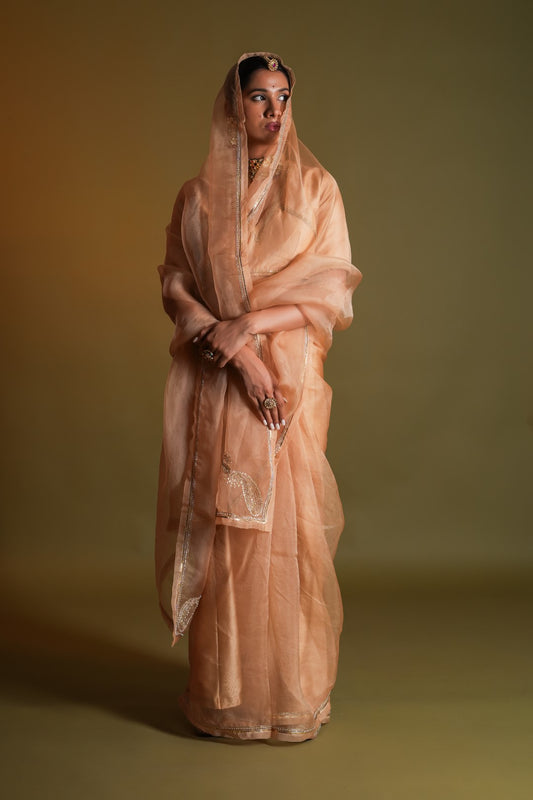 Champa Pale Pink Pure Silk Organza Hand Embroidered Saree with stitched blouse