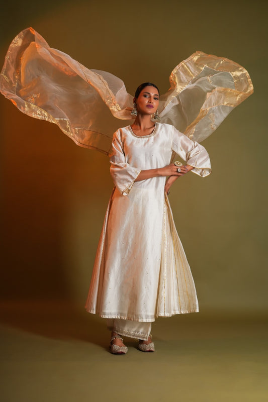 Mogra Ivory Pure Silk Chanderi A-Line Kalidaar Kurta Set