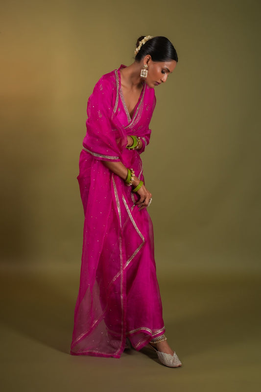 Sadabahar Fuschia Pink Pure Silk Organza Hand Embroidered Saree with stitched blouse