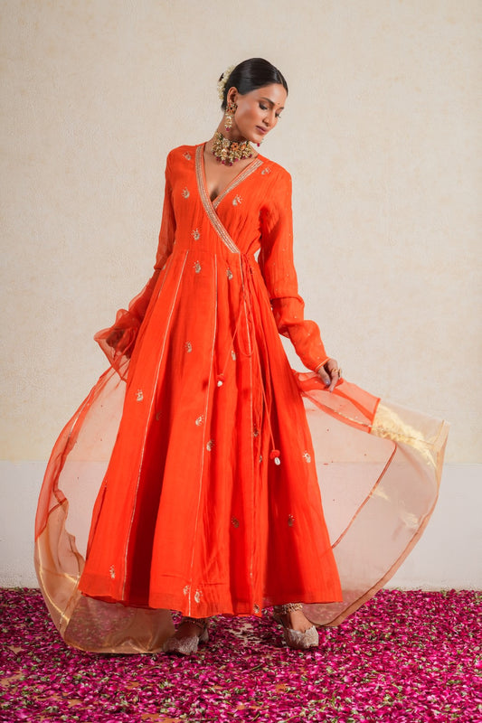Genda Orange Pure Silk Chanderi Hand Embroidered Anarkali Set