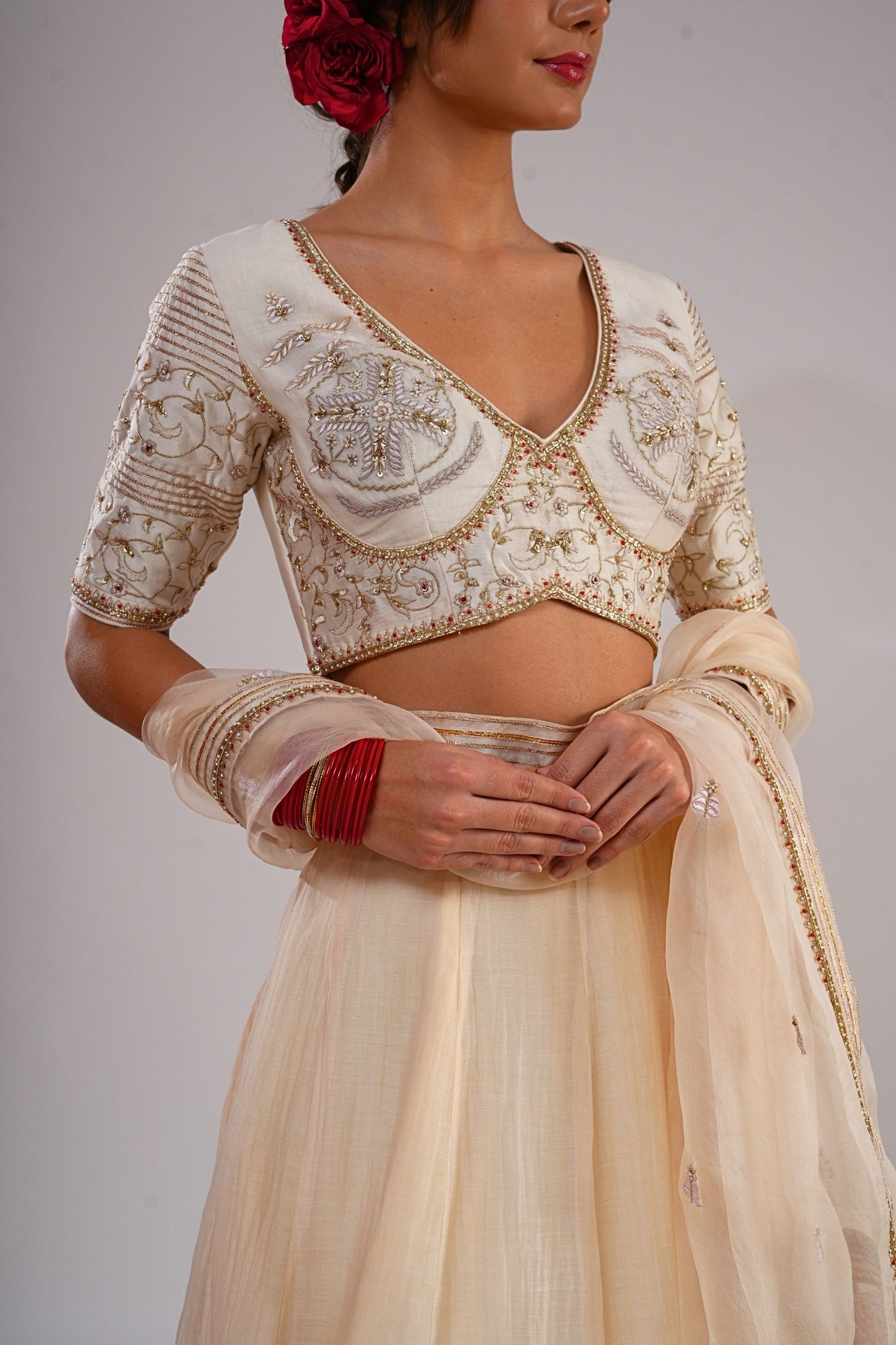 Sitabo-Cream White Embroiderered Lehenga