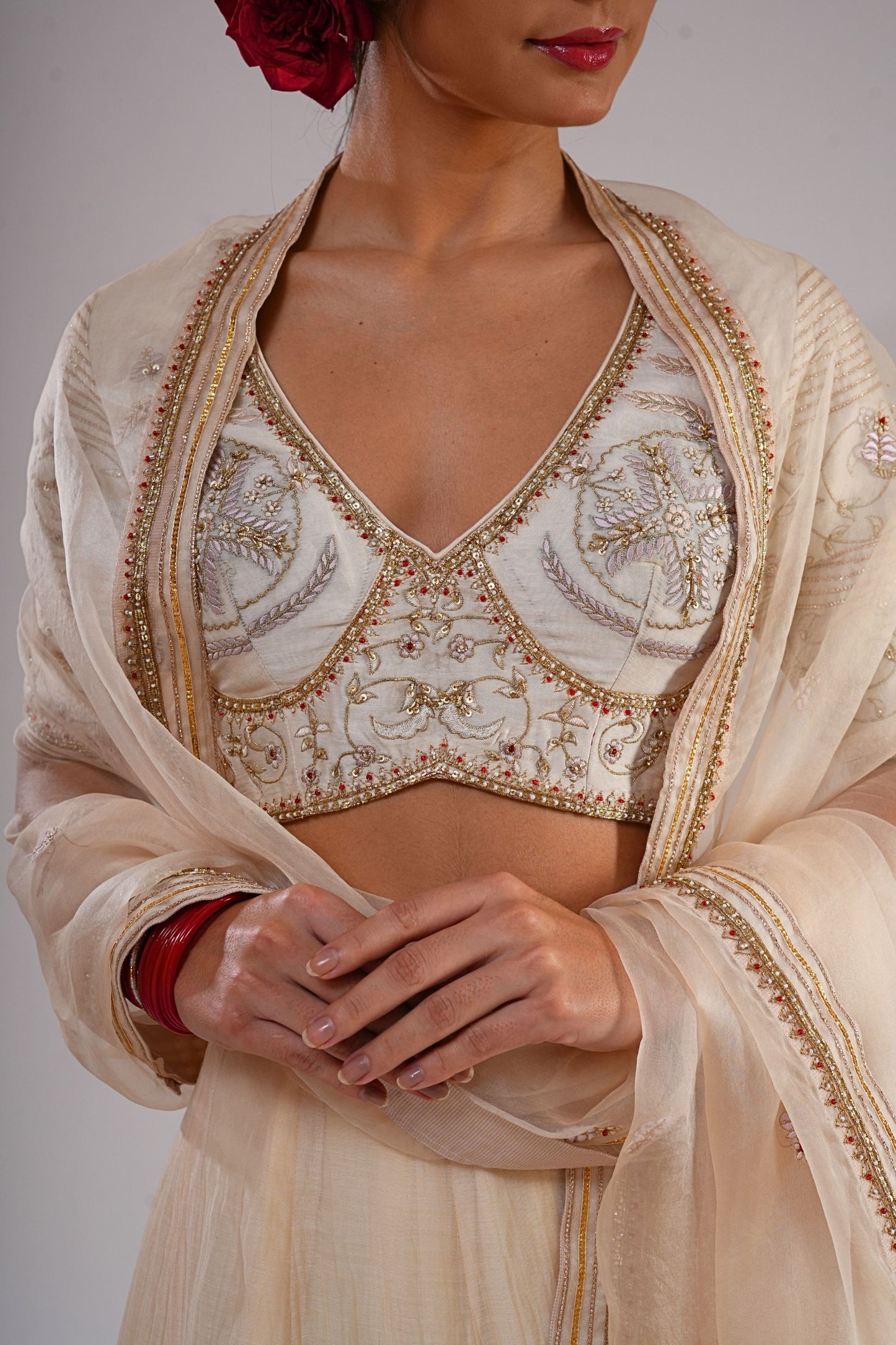 Sitabo-Cream White Embroiderered Lehenga