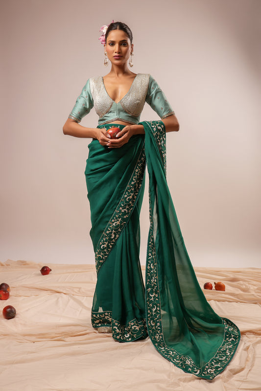 Morvan Embroidered Saree with Stitched Blouse