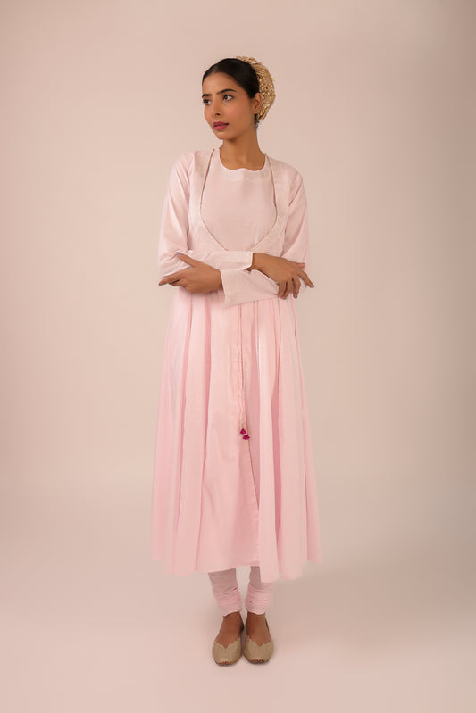 Pastel Pink Pure Cotton Machine Embroidered Anarkali Jacket Suit Set