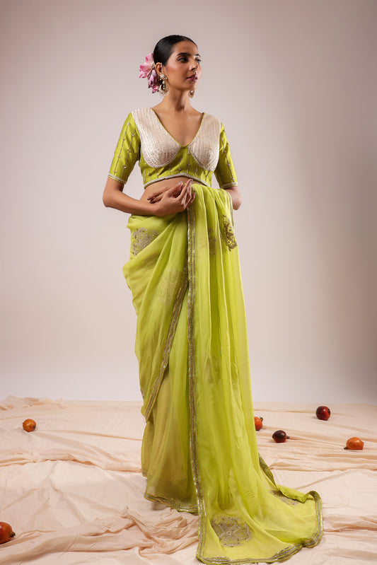 Meher Light Green Organza Hand & Machine Embroidered Saree with Stitched Blouse
