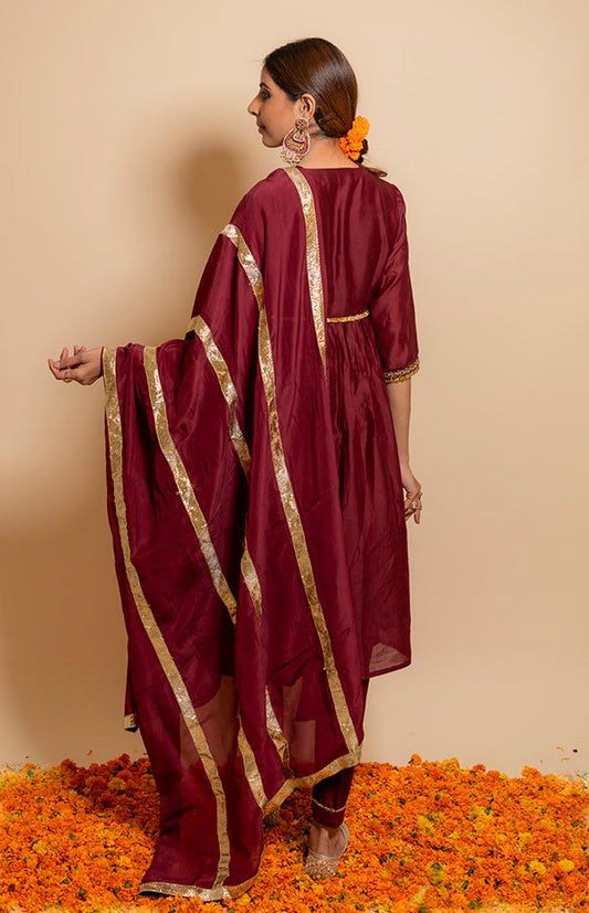 Maroon Silk Chanderi A-Line Hand Embroidered Kurta Set
