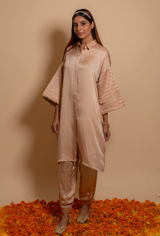Rose Beige Bell sleeves Straight cut Kurta set