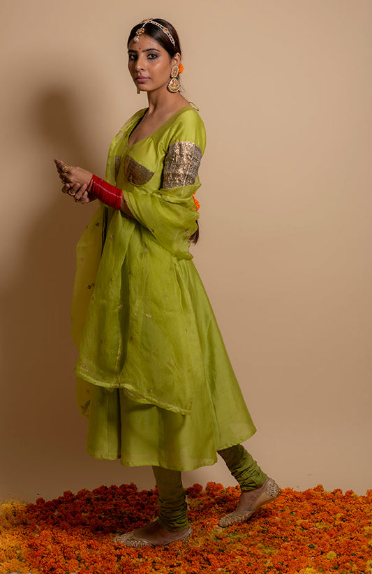 Green Silk Chanderi Anarkali set