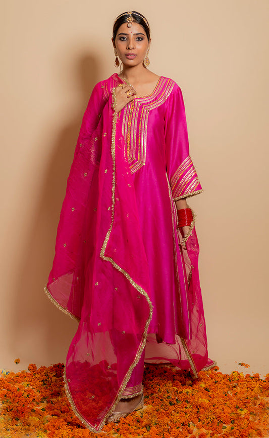 Fuchsia Silk Chanderi Embroidered Gota Round A Line Kurta Set