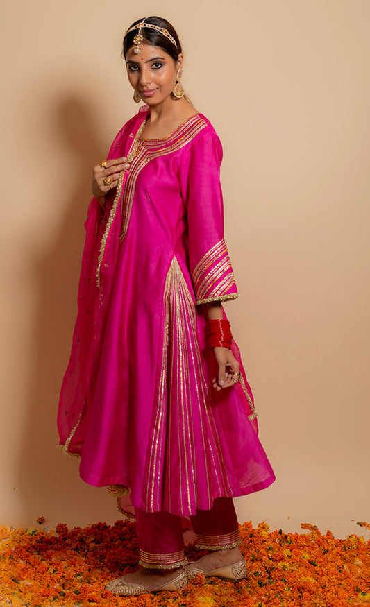 Fuchsia Silk Chanderi Embroidered Gota Round A Line Kurta Set