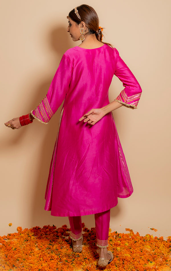 Fuchsia Silk Chanderi Embroidered Gota Round A Line Kurta Set