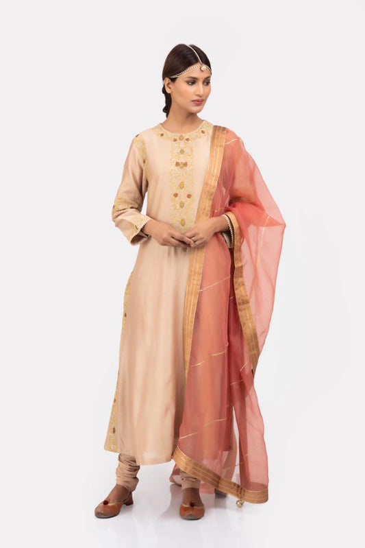 Rose Beige Cotton Embroidered Kurta Suit Set