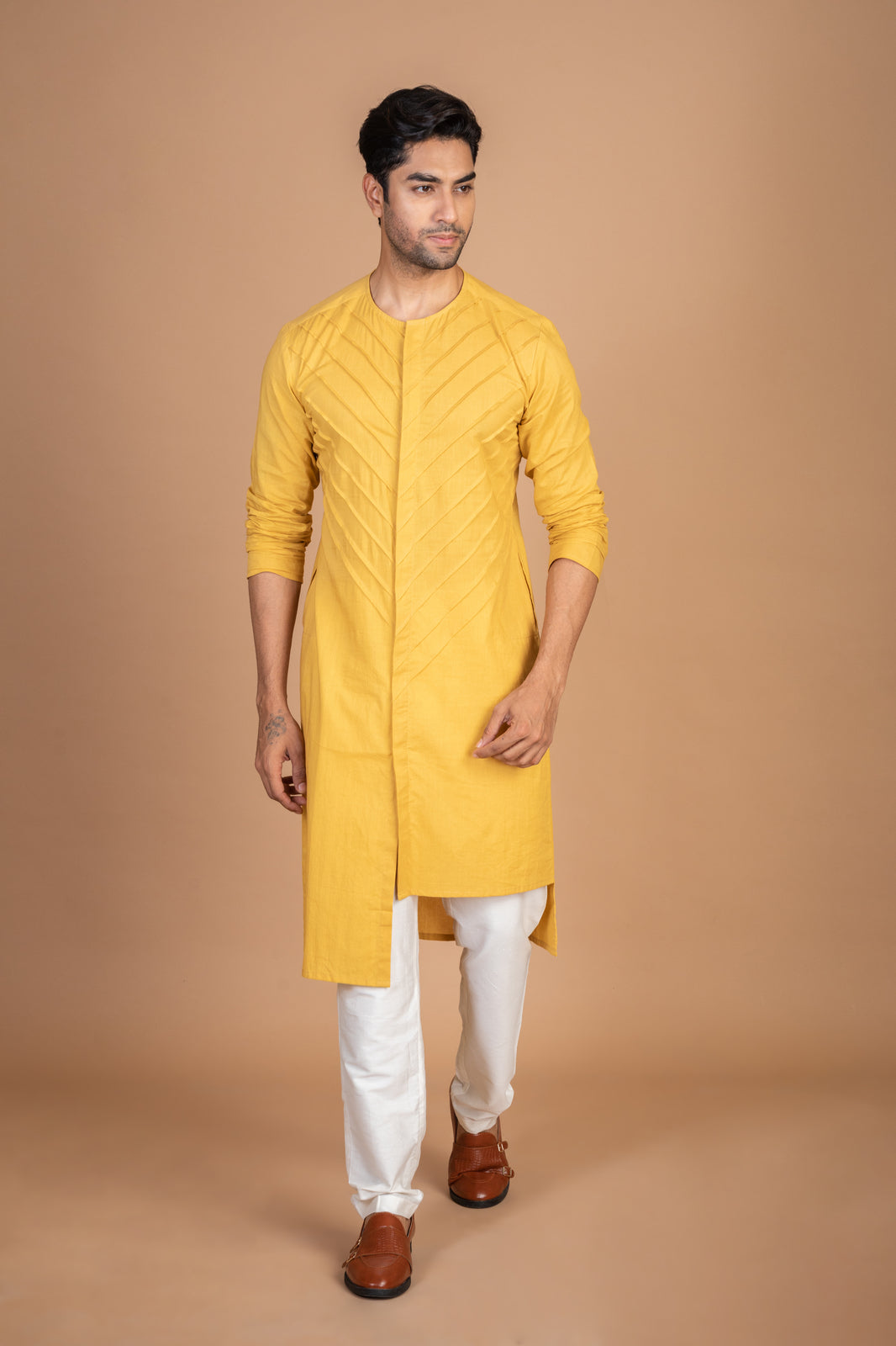 Yellow front pintex cotton kurta