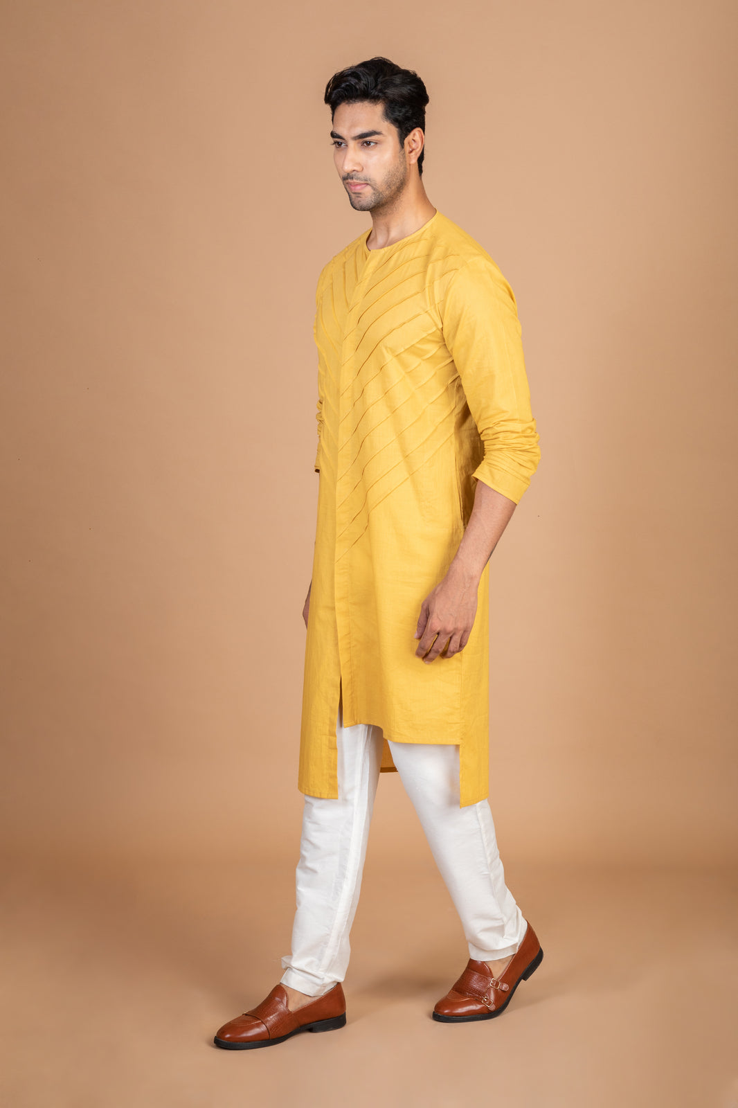 Yellow front pintex cotton kurta