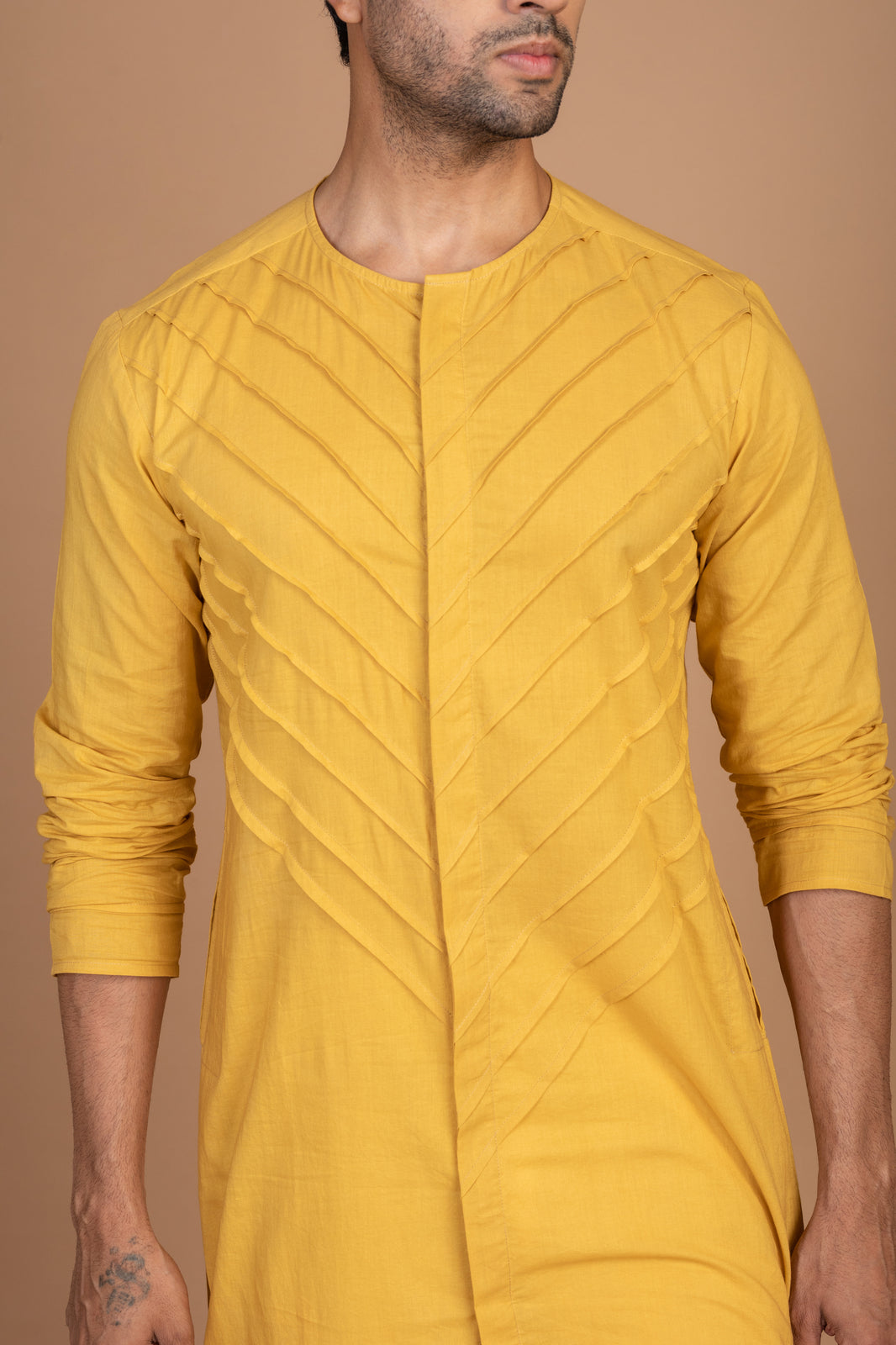 Yellow front pintex cotton kurta
