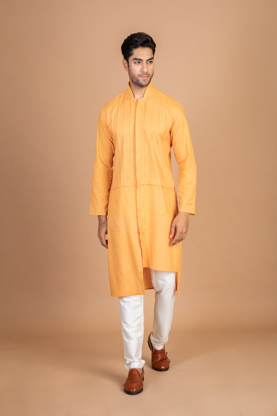 Orange cotton front pintex kurta