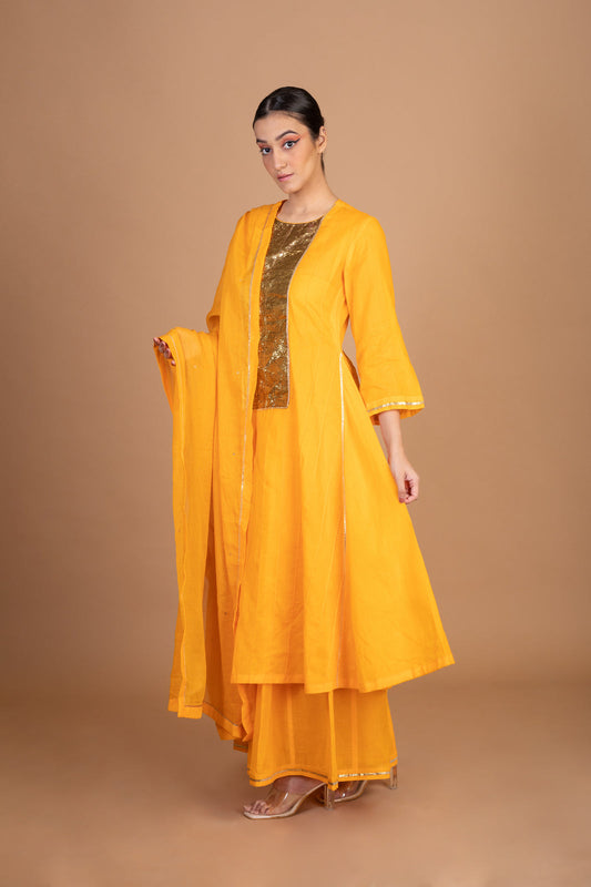 Orange Yellow Cotton Gota Work Placket Kurta Sharara Set