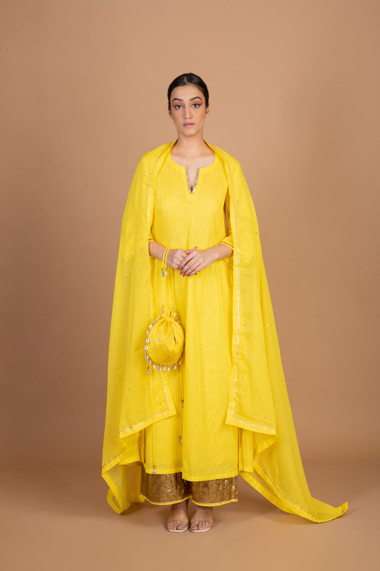 Bumblebee Yellow Cotton Pintuck Pattern Kurta Palazzo Set