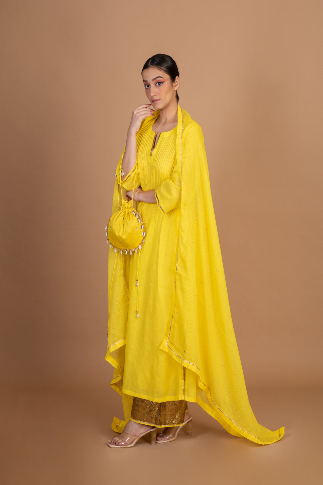 Bumblebee Yellow Cotton Pintuck Pattern Kurta Palazzo Set