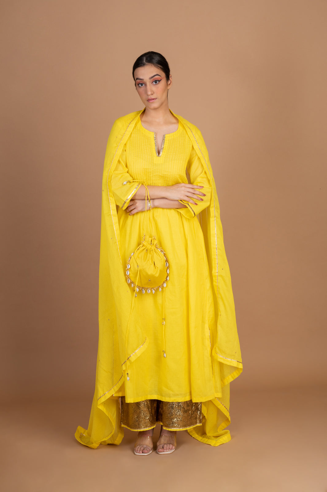 Bumblebee Yellow Cotton Pintuck Pattern Kurta Palazzo Set