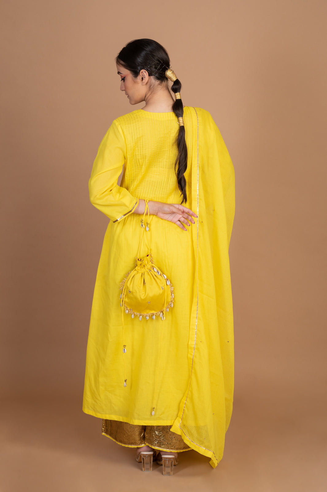 Bumblebee Yellow Cotton Pintuck Pattern Kurta Palazzo Set