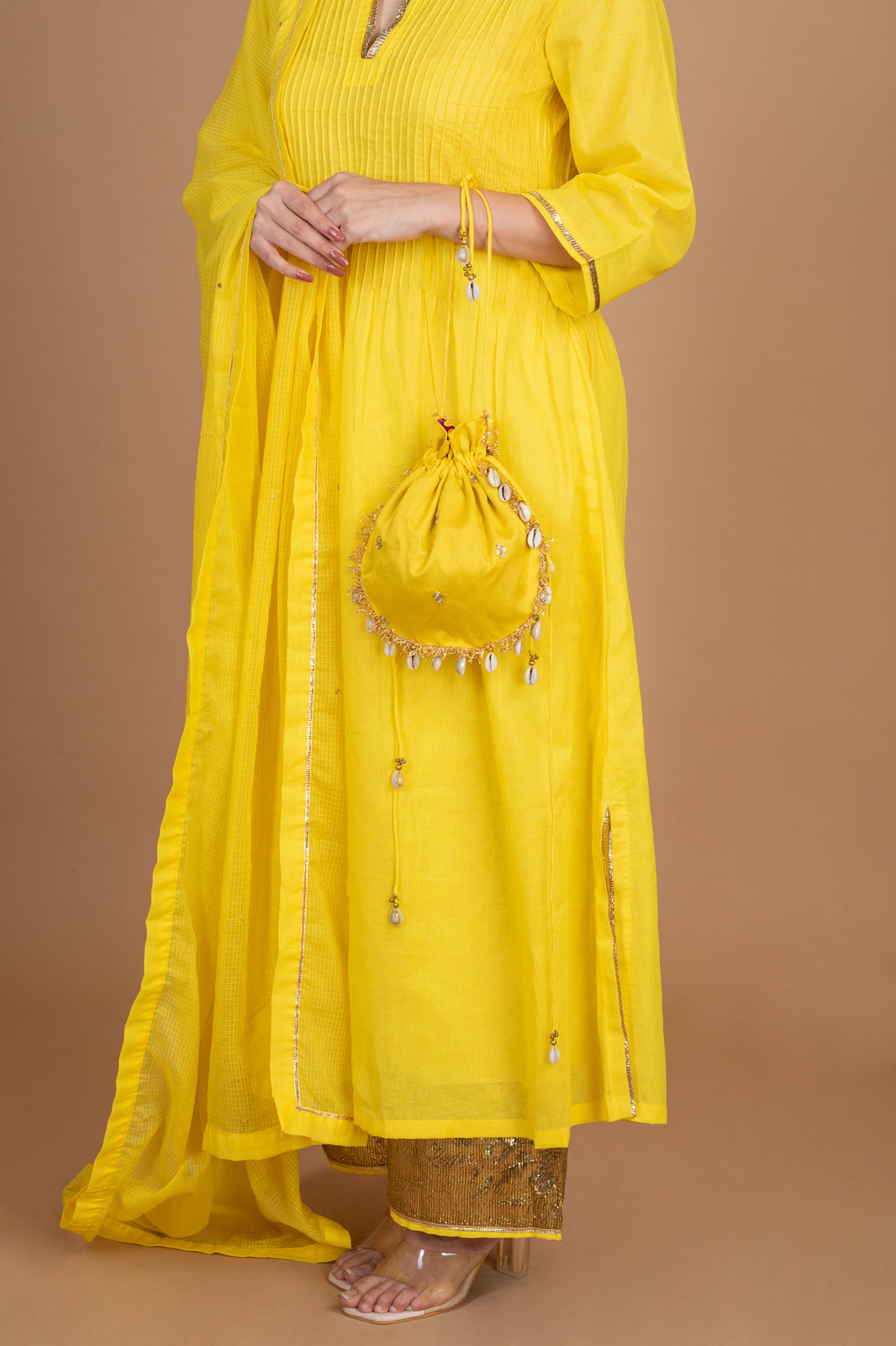 Bumblebee Yellow Cotton Pintuck Pattern Kurta Palazzo Set
