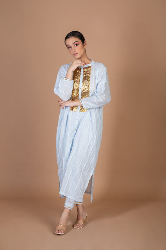 Powder Blue Cotton Gota Work Placket Kurta With Pant