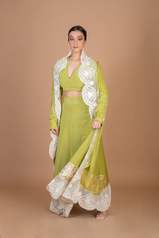 Pear Green Organza Scalloped Embroidered Cape Lehenga Skirt Set