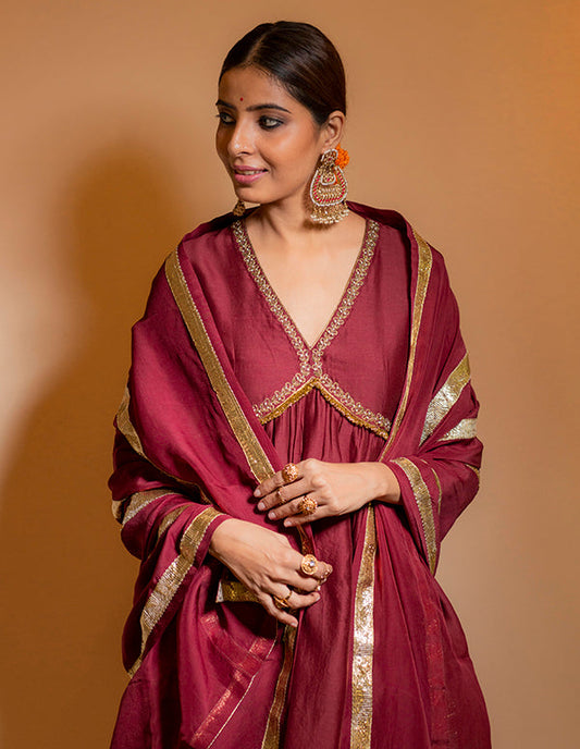 Maroon Silk Chanderi A-Line Hand Embroidered Kurta Set