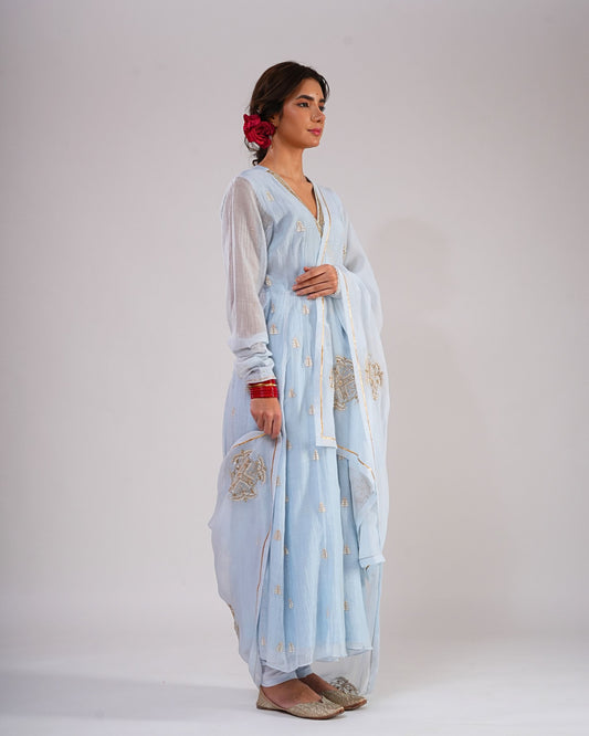 Powder Blue Angrakha style Anarkali Suit Set
