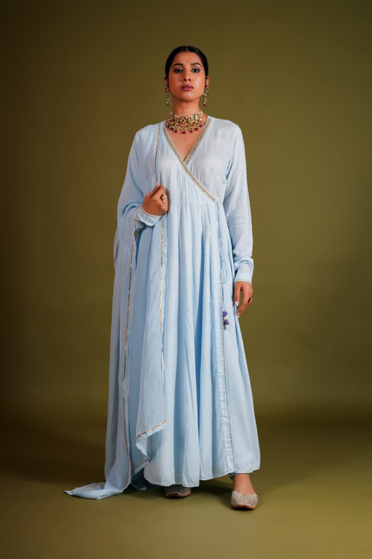 Neelkamal Blue Pure Silk Chanderi Hand Embroidered Anarkali Set