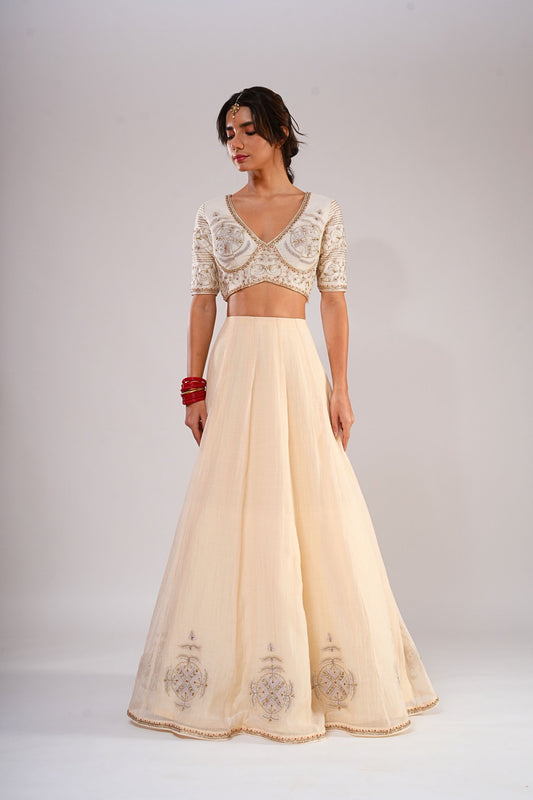 Sitabo-Cream White Embroiderered Lehenga