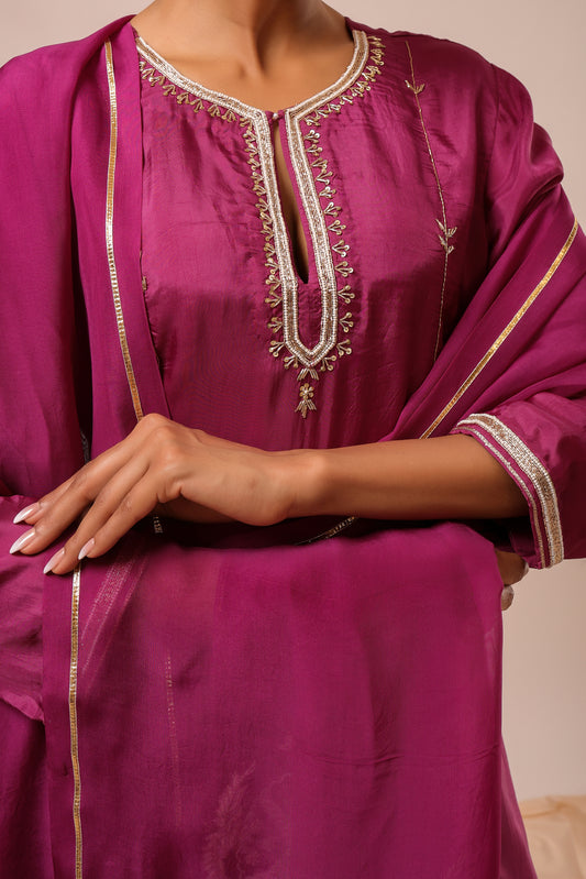 Hand Embroidered Deep Purple A-line Suit Set