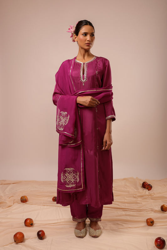 Hand Embroidered Deep Purple A-line Suit Set