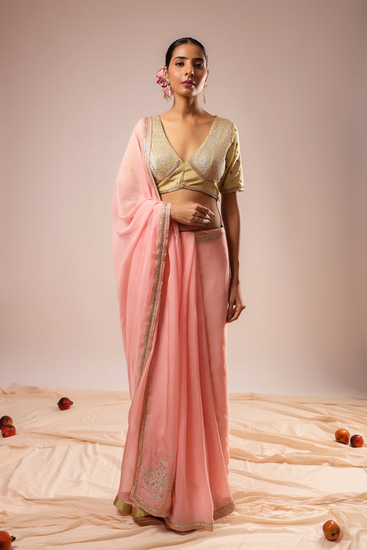 Saanjh Embroidered Pink Saree With Stitched Blouse