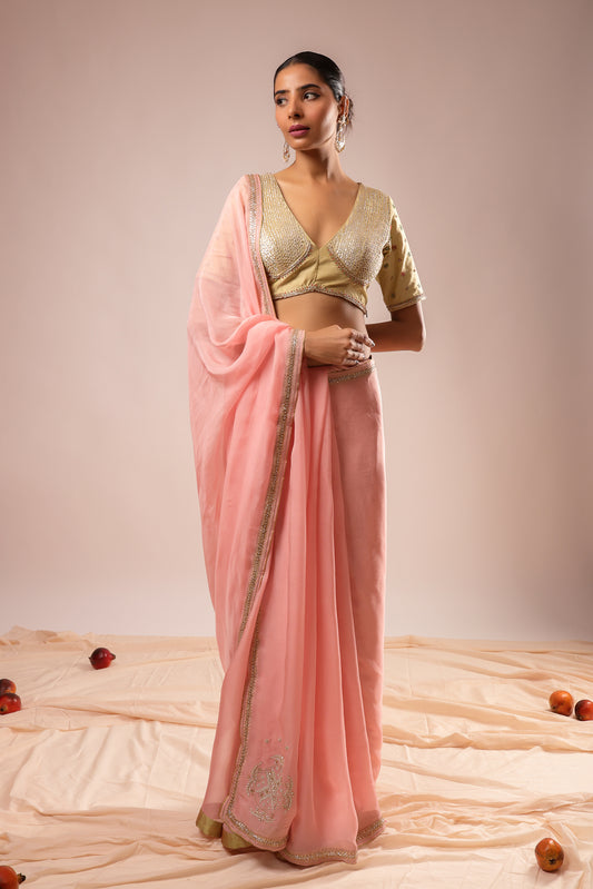 Saanjh Embroidered Pink Saree With Stitched Blouse