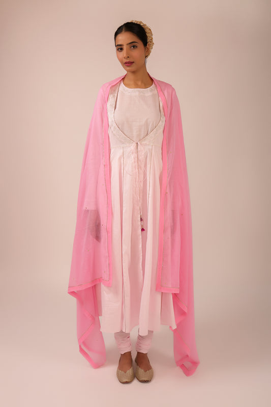 Pastel Pink Pure Cotton Machine Embroidered Anarkali Jacket Suit Set