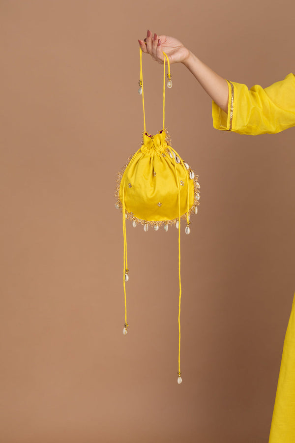 Yellow silk chanderi potli