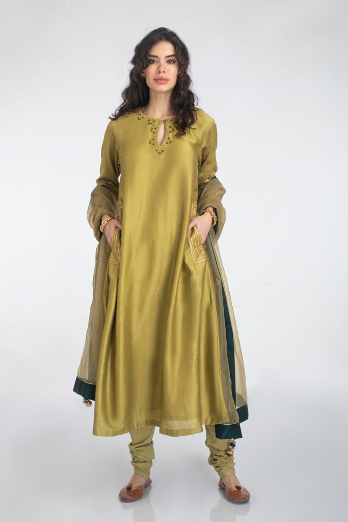 Silk chanderi A-line Kurta Set