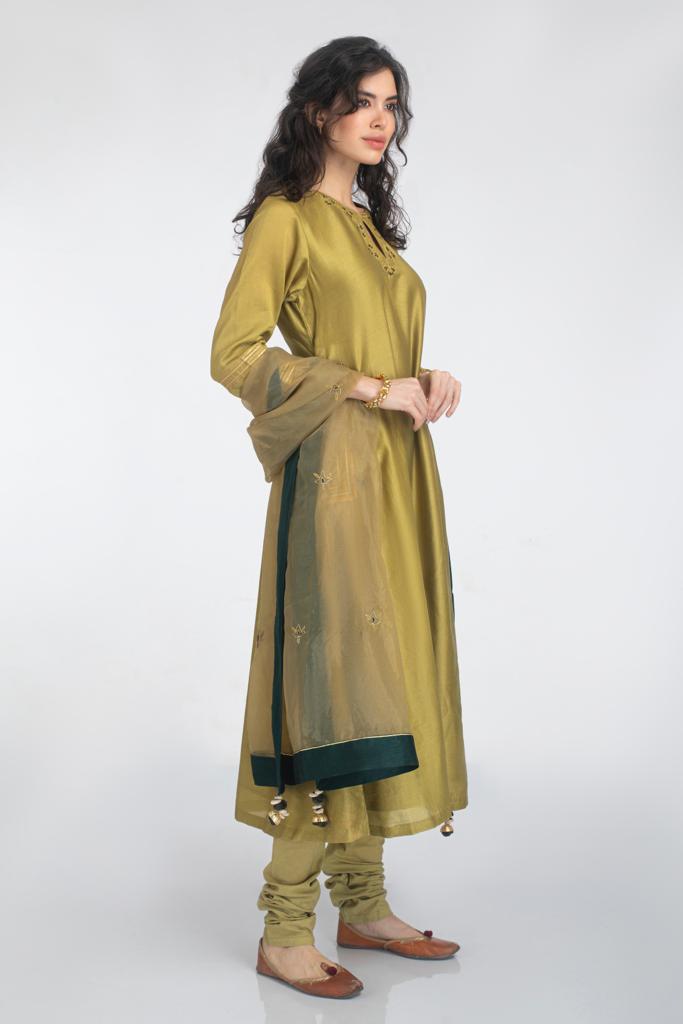 Silk chanderi A-line Kurta Set