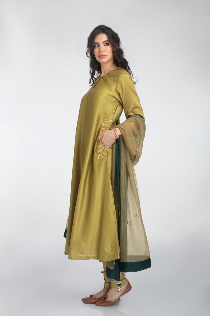 Silk chanderi A-line Kurta Set