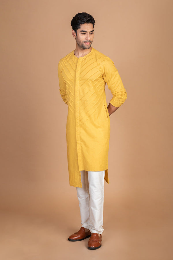 Yellow front pintex cotton kurta